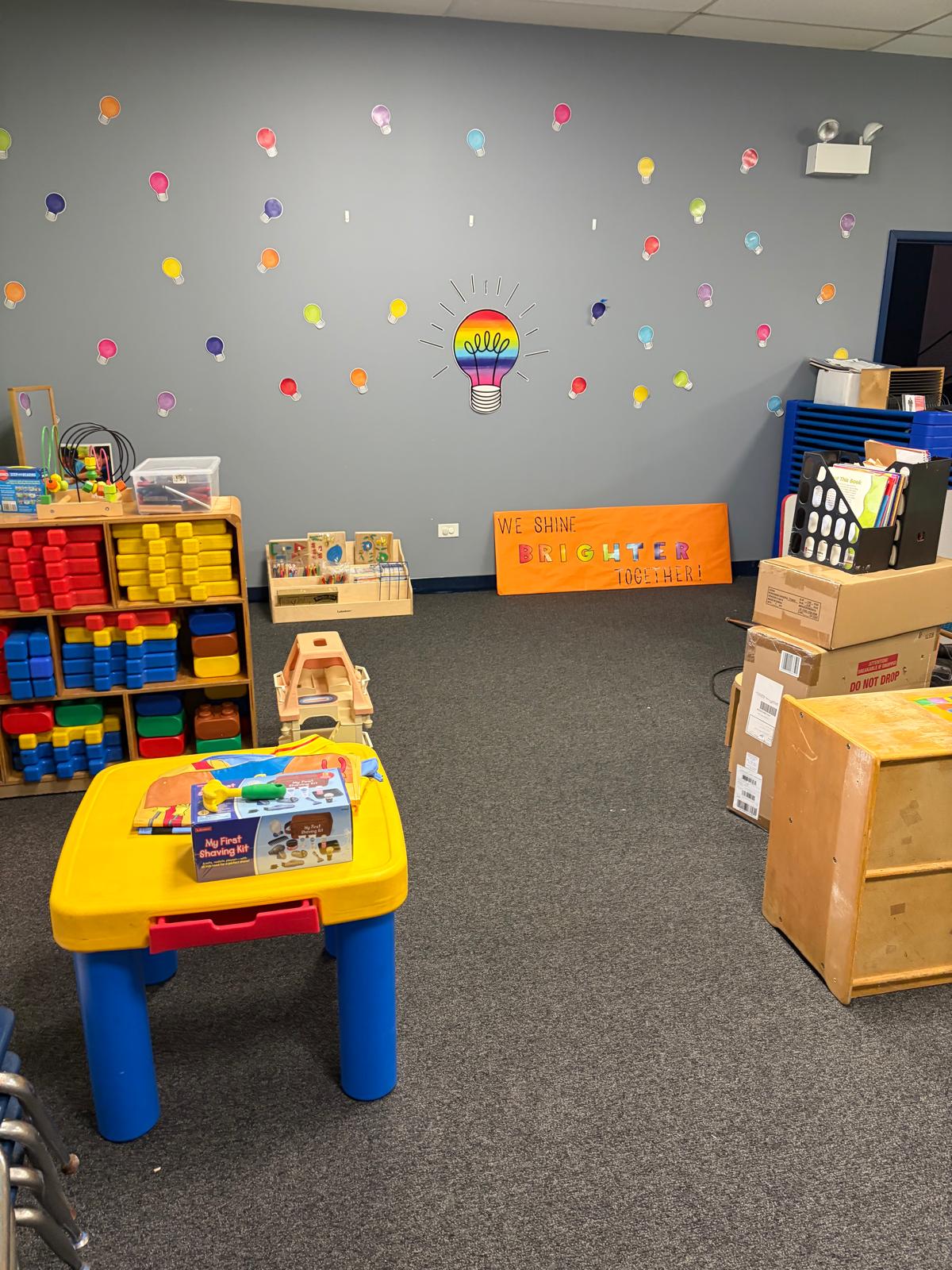 Creative classroom with colorful light bulb wall decor